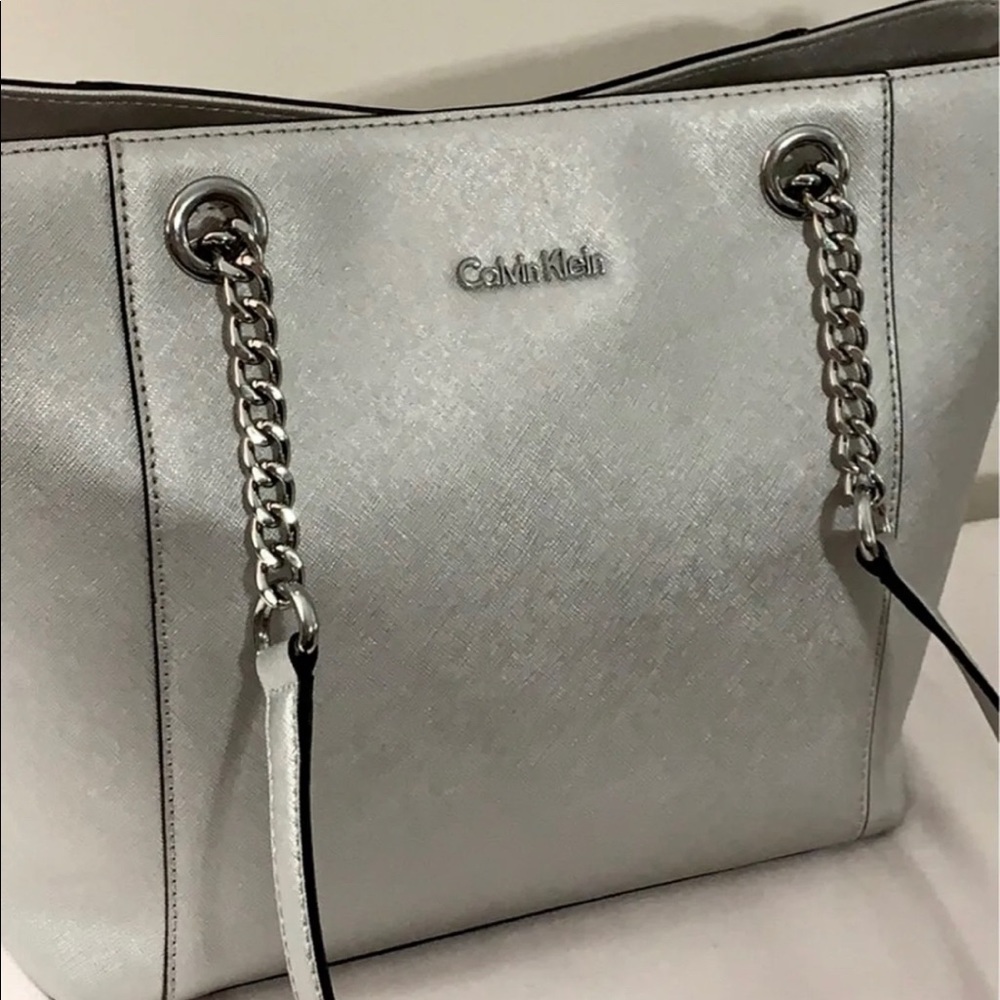 Calvin Klein Hayden Saffiano Tote Purse Silver